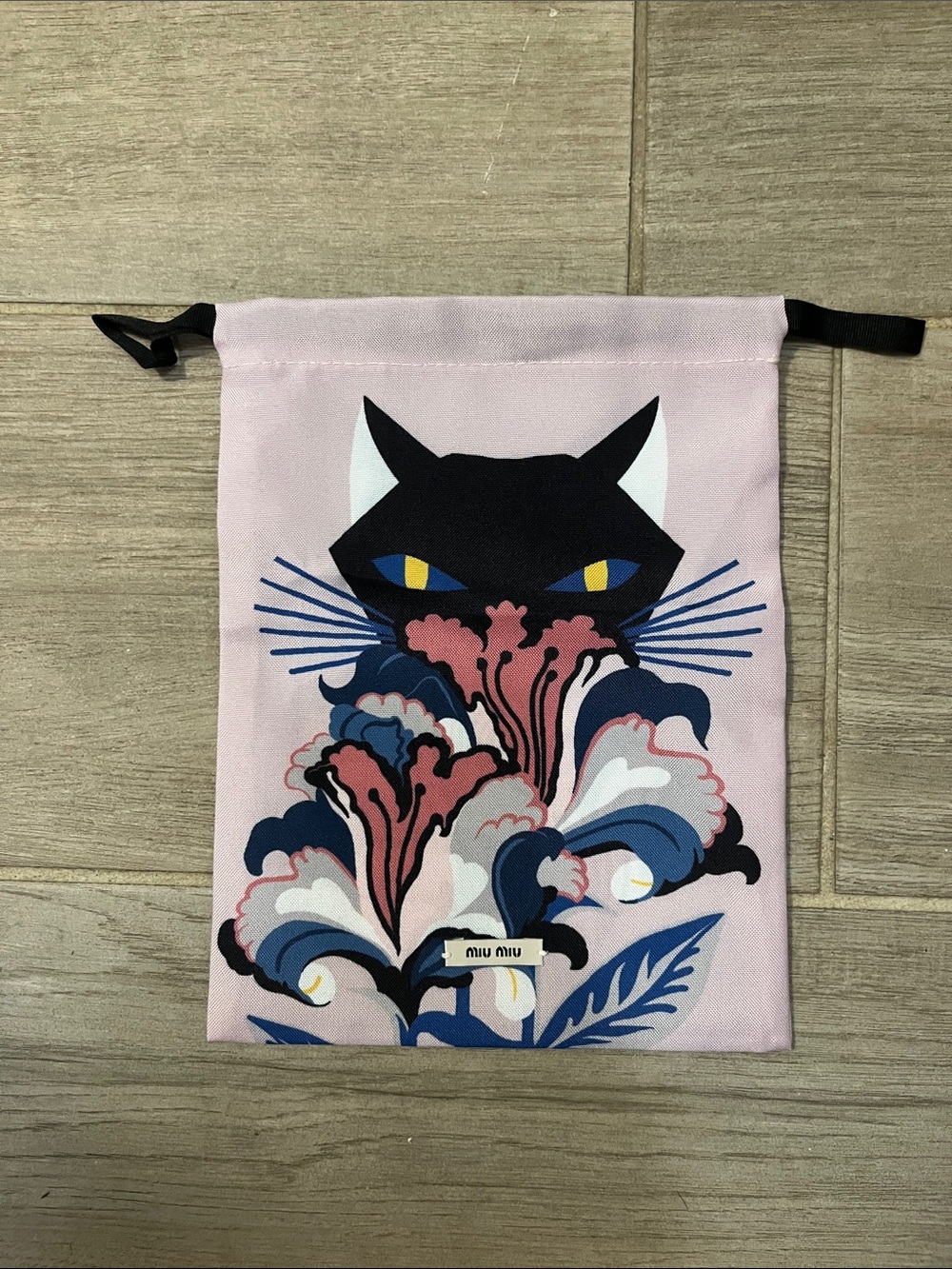 Miu Miu Pink Drawstring Pouch with Black Cat and Blue Floral Motif